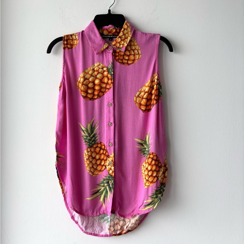 Y2K Molokai Surf Co. Top Pink Pineapple Button Up Sleeveless Women S Novelty